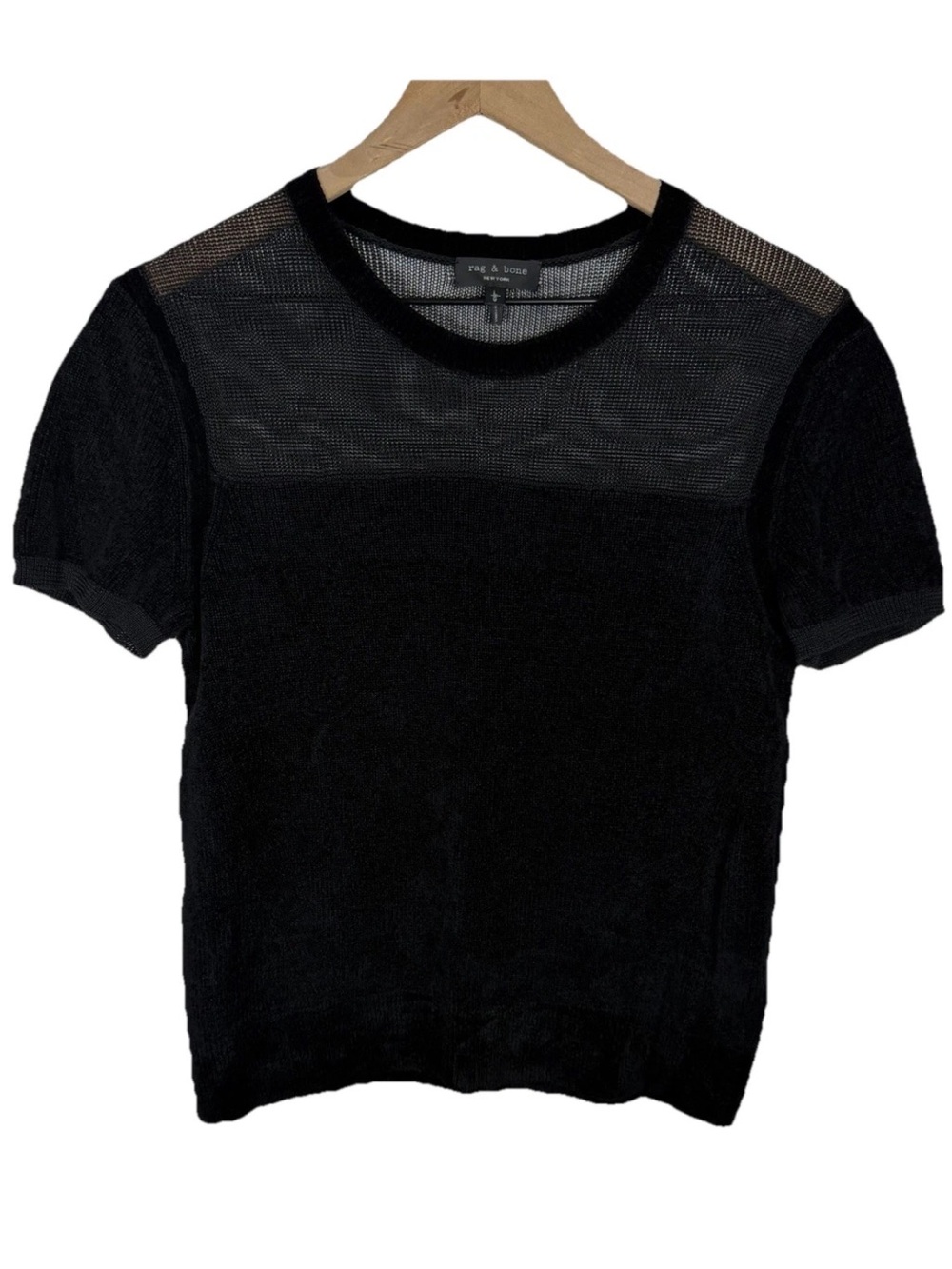 Rag & Bone Verity Black Illusion Top Short Sleeve Size L Mesh Quiet Luxury